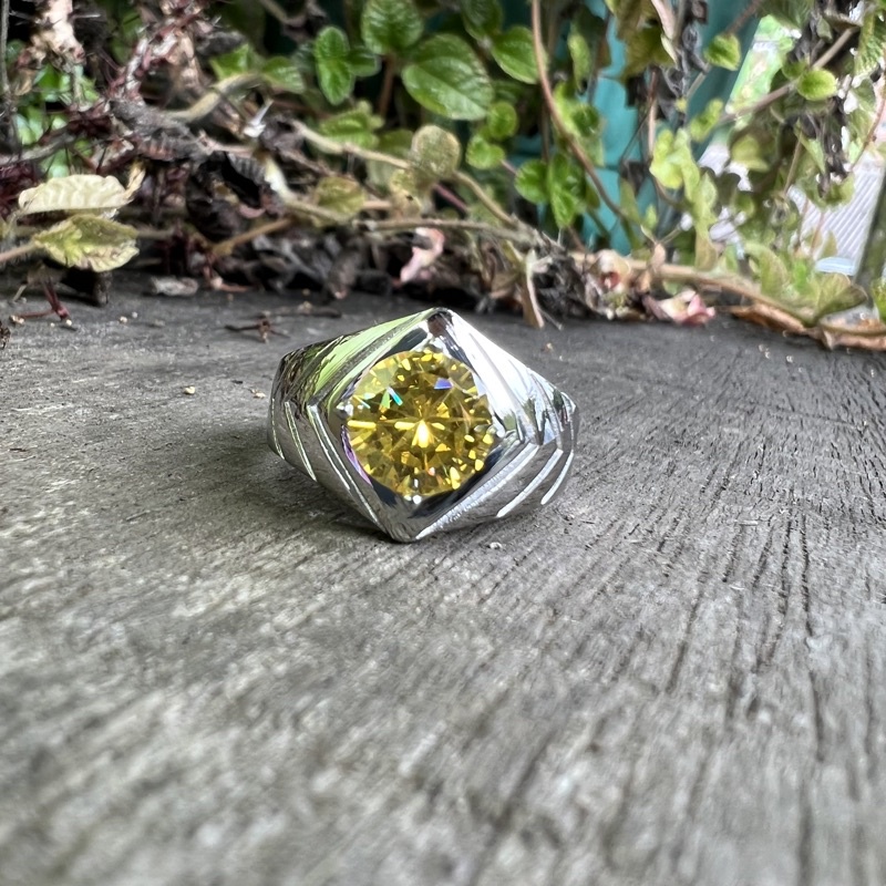 Cincin Batu Permata Yakut Kuning Ring Titanium Stainless Steel