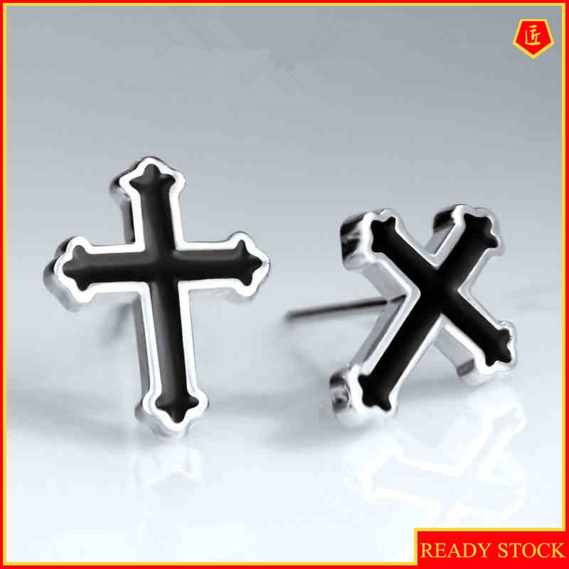 [Ready Stock]Men's Silver Black Cross Stud Earrings