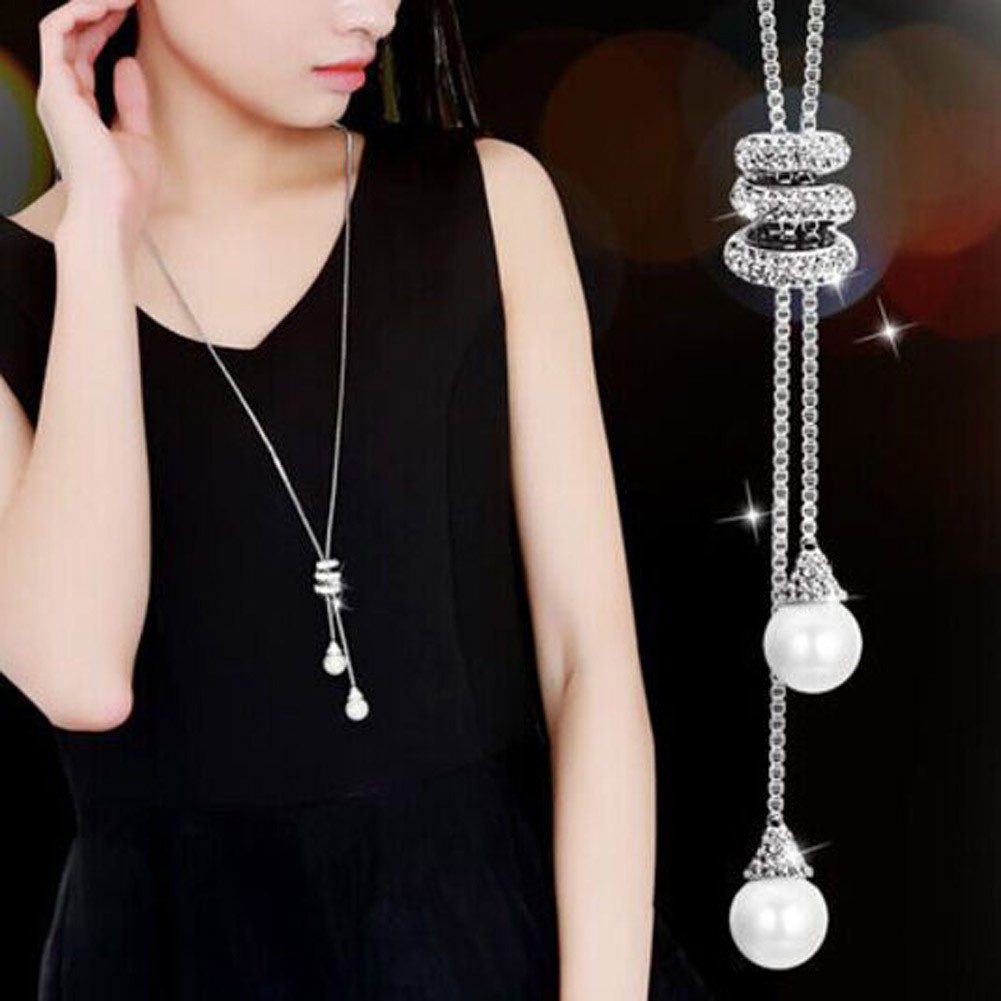 Simulated Pearl Crystal Long Sweater Chain Circles Necklace Collares Statement