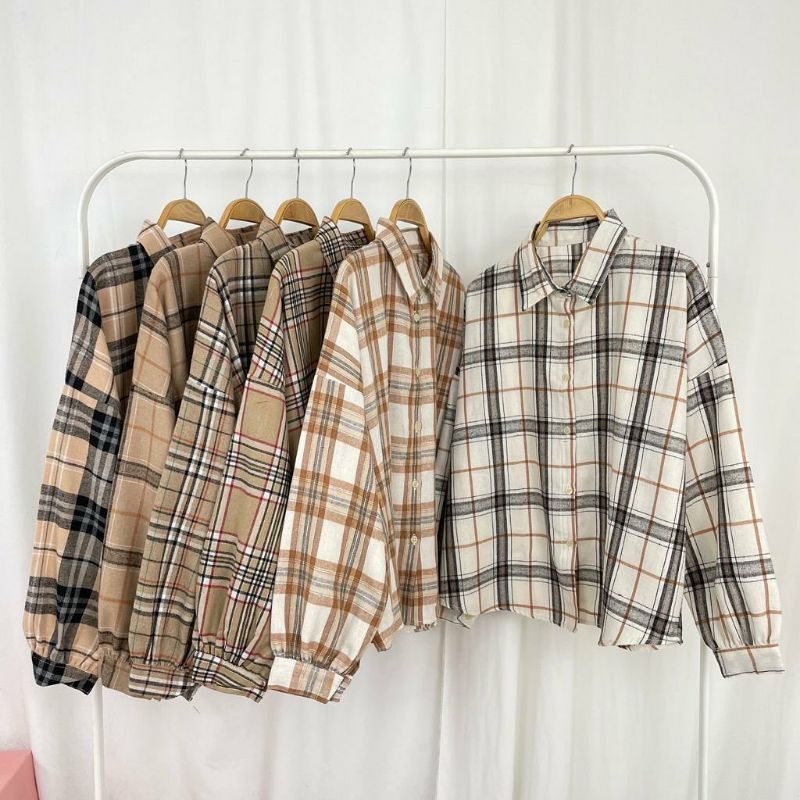 KEMEJA CROP TARTAN | KEMEJA KOTAK - KOTAK MOTIF FLANEL | KEMEJA WANITA OVERSIZE CROP LENGAN PANJANG