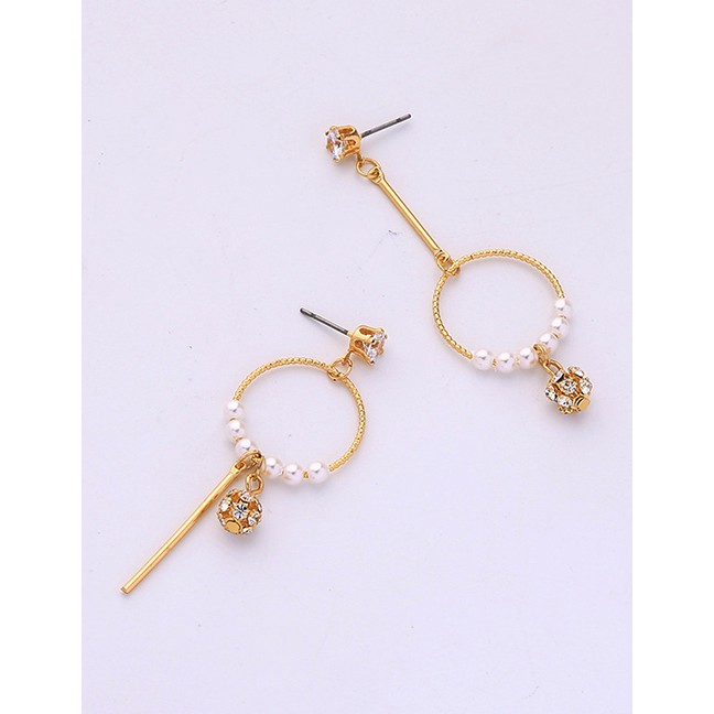 LRC Anting Tusuk Fashion Gold Crystal Alloy Pearl Key Asymmetric Earrings D03324