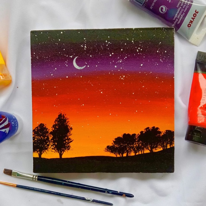 Lukisan Kanvas Aesthetic Minimalis Pemandangan Malam Sabit | Lukisan Dekorasi Hiasan Pajangan Dindin