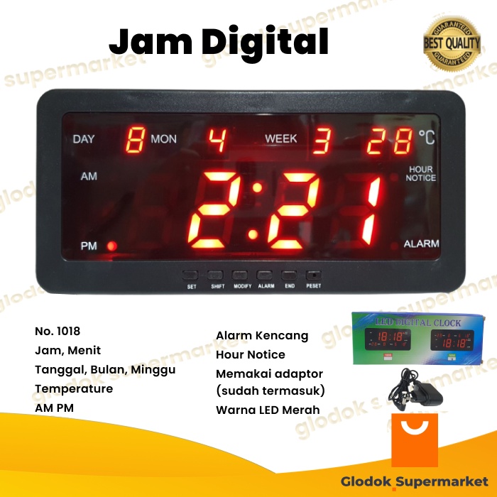 Jam Digital LED Kalender Temperature Alarm Dinding Meja Clock 1018