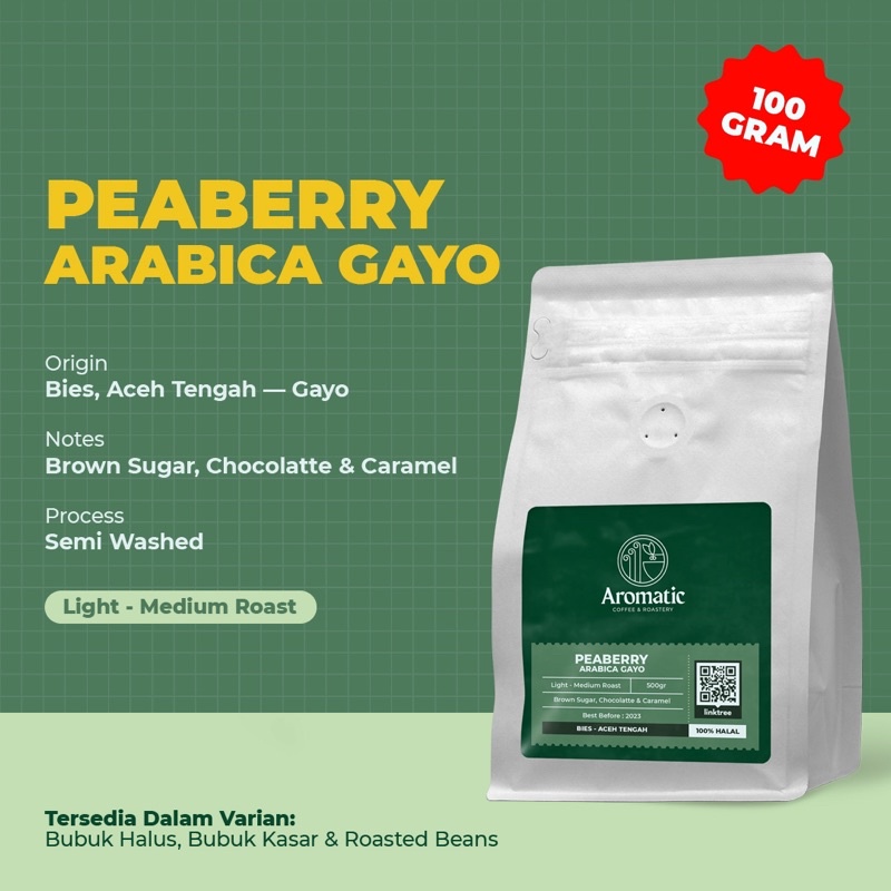 

KOPI PEABERRY (LANANG) ARABICA GAYO 100 GRAM (COD) (BUBUK/HALUS) AROMATIC COFFEE
