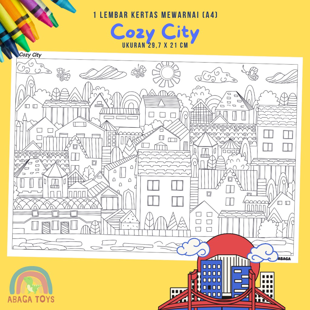 (Min Order 10Pcs) Kertas Gambar Mewarnai A4 - Latih Imajinasi, Kreativitas, Eksplorasi Warna (Coloring Page)-Cozy City