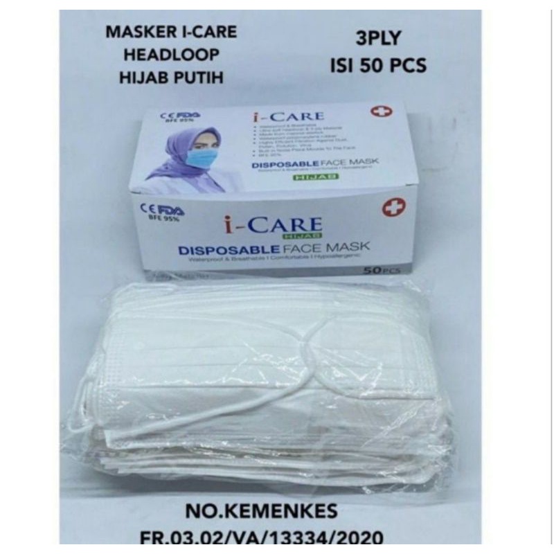 Masker Hijab Putih 3Ply Headloop Isi 50Pcs One Care / I Care