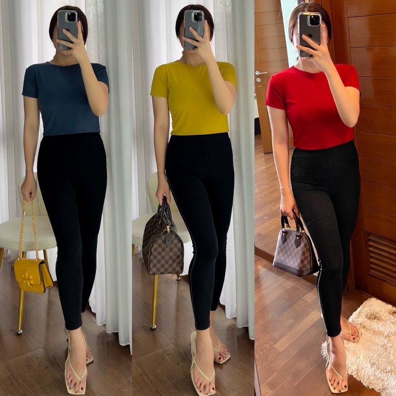 CROP TOP DOUBLE LAYER JERSEY SUMMER SLIM SHORT SLEEVE T SHIRT BAJU ATASAN WANITA CROP KAOS CROP