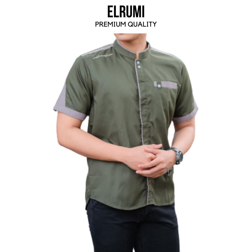 Baju Koko Pria Lengan Pendek Motif Yisunsin Kombinasi Bordir El Rumi Warna Army