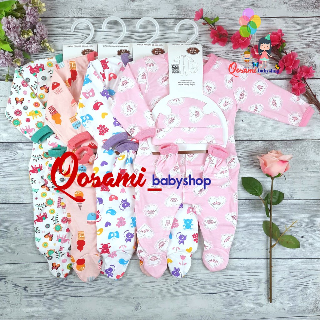 HOKIKU ( 1 Set ) Jamsuit Panjang Bayi Plus Topi Sarung Tangan Motif Print SNI