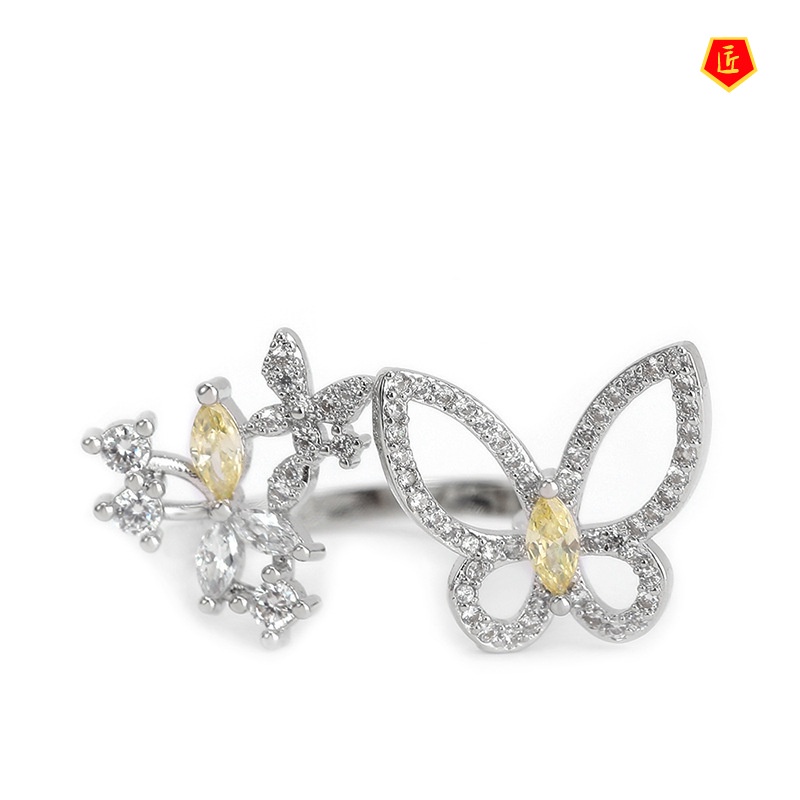 [Ready Stock]S925 Silver Personality Butterfly Opening Ring Yellow Diamond Fashion