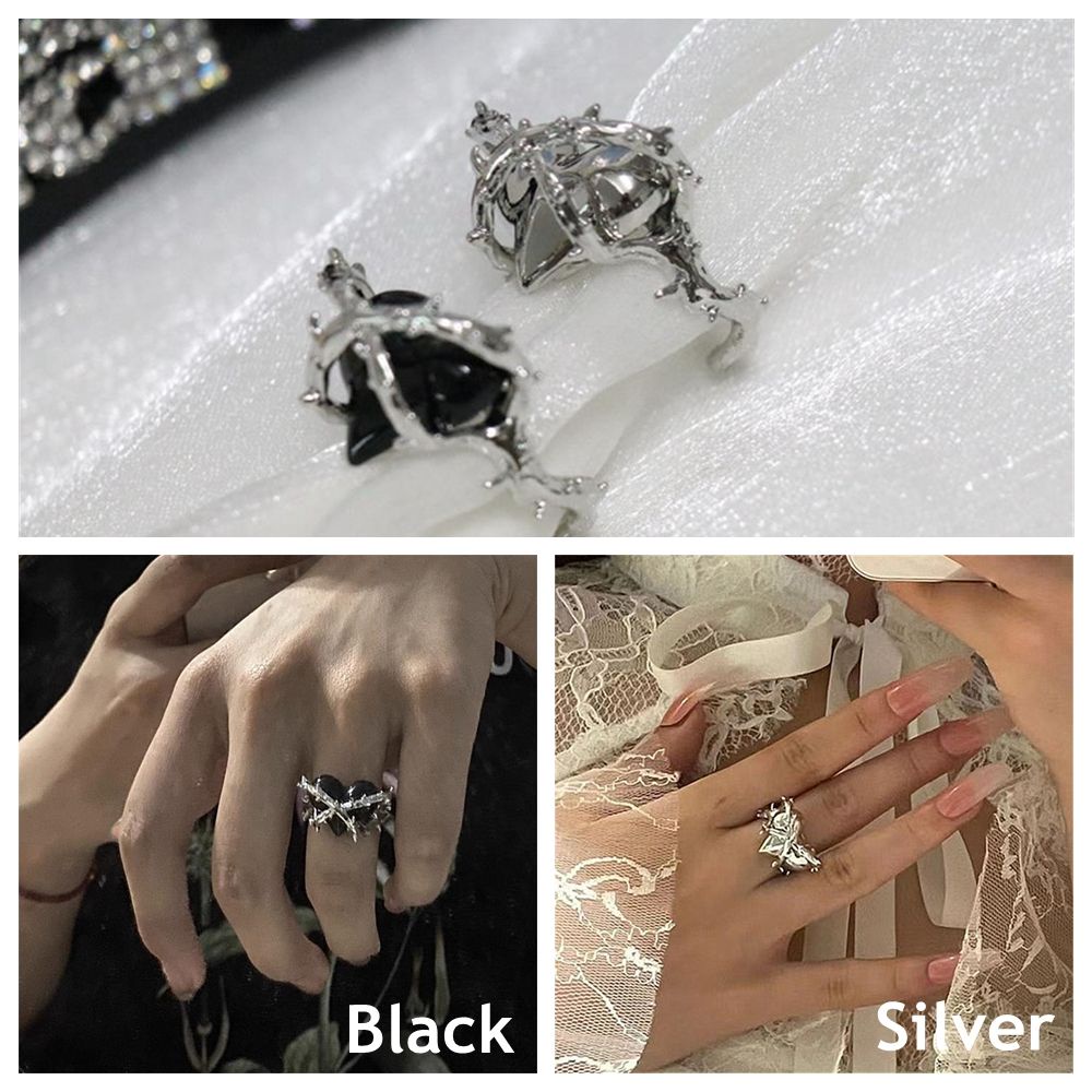 Cincin Bentuk Hati Bahan Alloy Warna Hitam Silver Gaya Punk Gothic Untuk Pria Dan Wanita