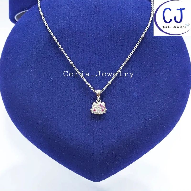 Kalung Perak Anak Silver Asli 925 Lapis Emas Putih Liontin Hello Kitty Permata Pink - Perhiasan Perak Anak Asli