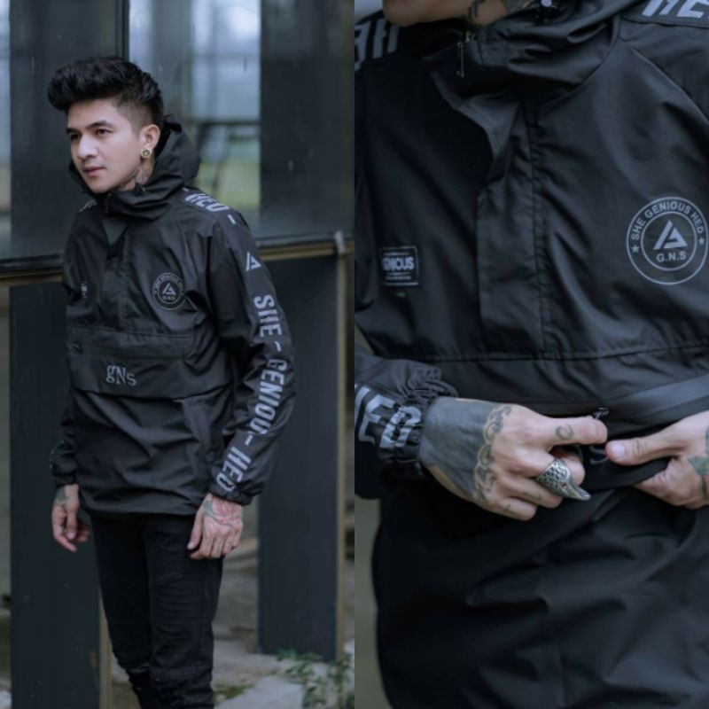 Jaket pria IKC 002 distro cbr Bandung hoodie dua sisi bolak balik keren grosir jaket cagoule erigo Jaket Pria Parasut Anti Air-CG Hitam Lis Silver