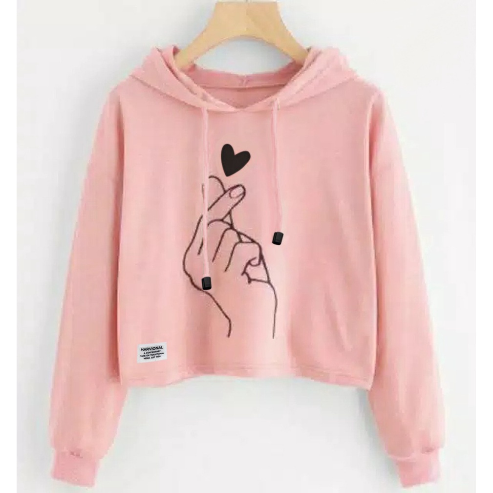 Parisdivarious Sweater Crop Hoodie Jemper Love Hand Bahan Fleece Size S - L