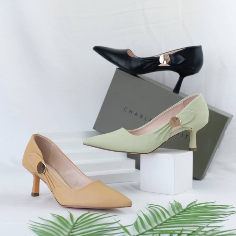 Sepatu Hak Tinggi Wanita CK Gold Accent High Heels Premium Import Hitam Black Apricot Coklat Cream C