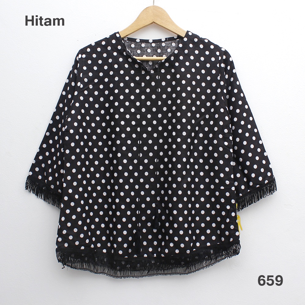 [JakartaFashion] blouse katun motif polka kecil atasan rumbai hitam jambul tali bohemian