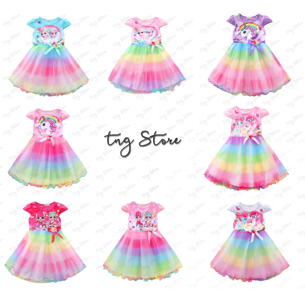 Tngstore Dress Pelangi Gambar Kartun Unicorn My Little Pony Frozen Sofia LOL Untuk Anak Perempuan