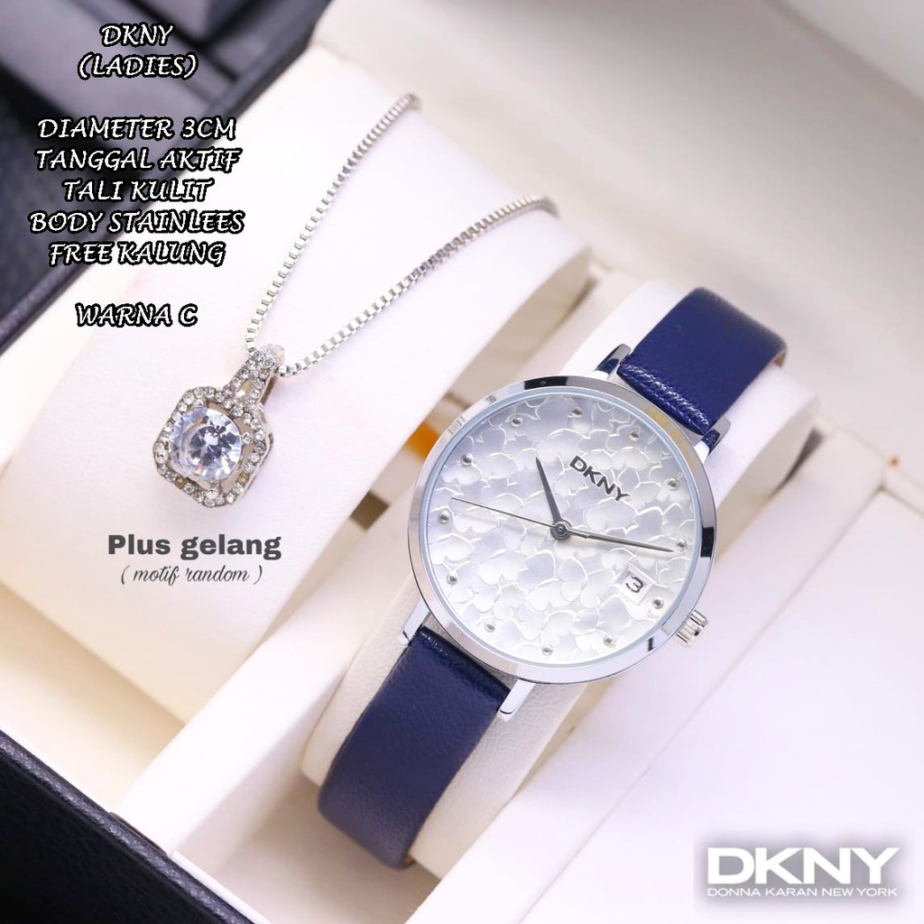 JAM TANGAN WANITA DKNY TALI KULIT BODY BULAT TANGGAL AKTIF FREE KALUNG