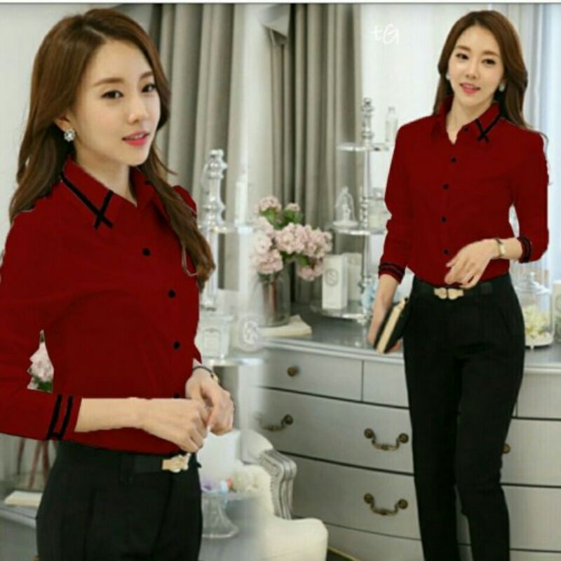 Baju Atasan Kemeja Wanita Lengan Panjang Casual Korea Korean Style Kekinian Trendy Alda Maroon