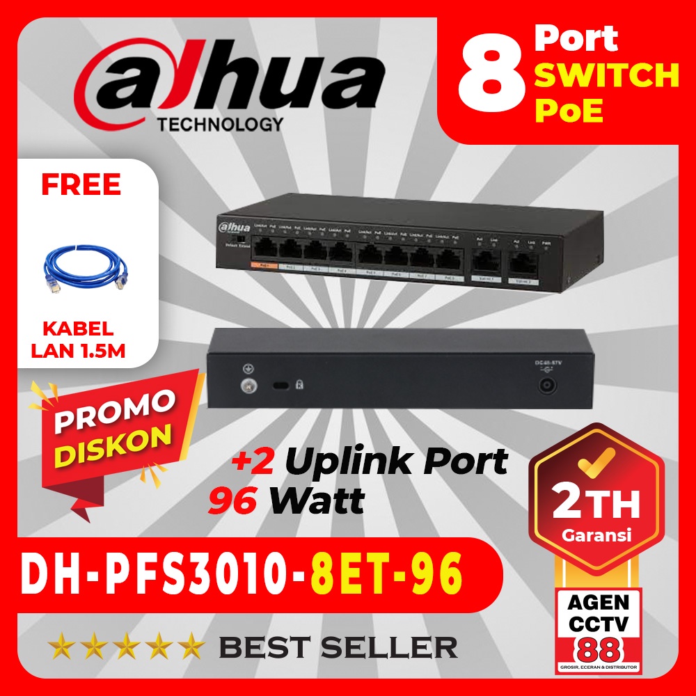 DH-PFS3010-8ET-96 DAHUA POE SWITCH HUB 8 PORT POE + 2 PORT GIGABYTE
