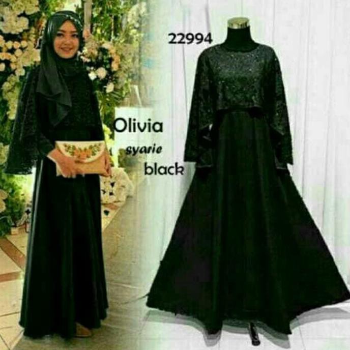 HARGA PROMO/ GAMIS SYARI BROKAT HITAM / BAJU PESTA CAPE BRUKAT MAXI OLIVIA HITAM - COKELAT MUDA