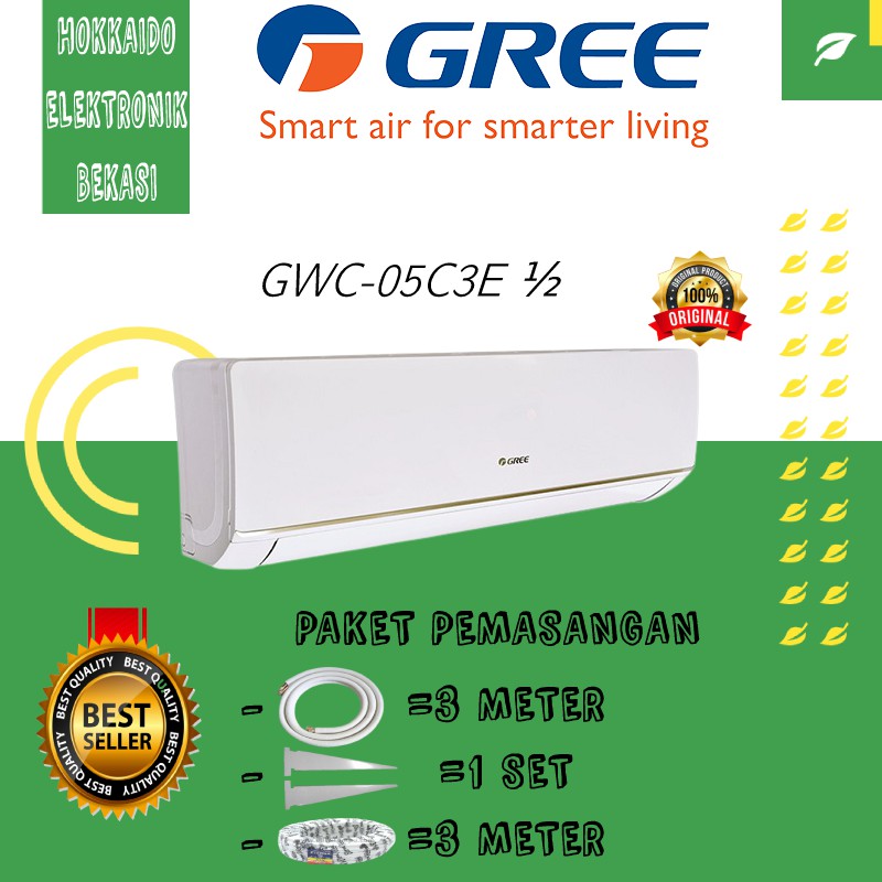 AC GREE 1/2PK LOW WATT DELUXE GWC-05C3ES + PEMASANGAN