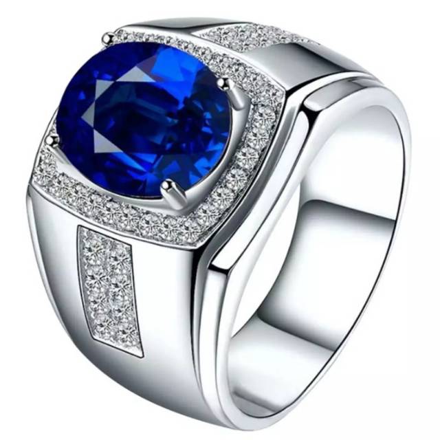 Cincin Pria Akik Safir Biru Ring Warna Perak Batu Blue