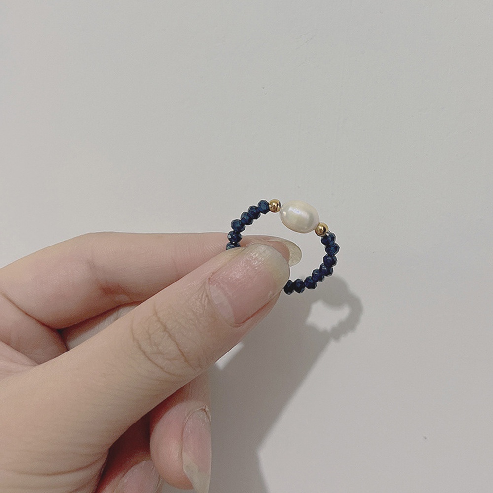 Cincin Elastis Handmade Hias Manik-Manik Mutiara Imitasi Warna Hitam Untuk Wanita