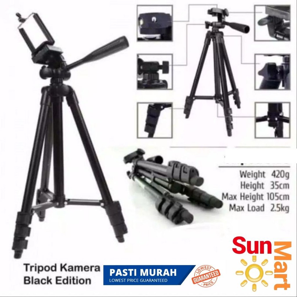 TRIPOD HP DAN KAMERA UNIVERSAL BLACK EDITION / TONGSIS HP + Free Holder U dan Tas Tripod Dudukan Kamera