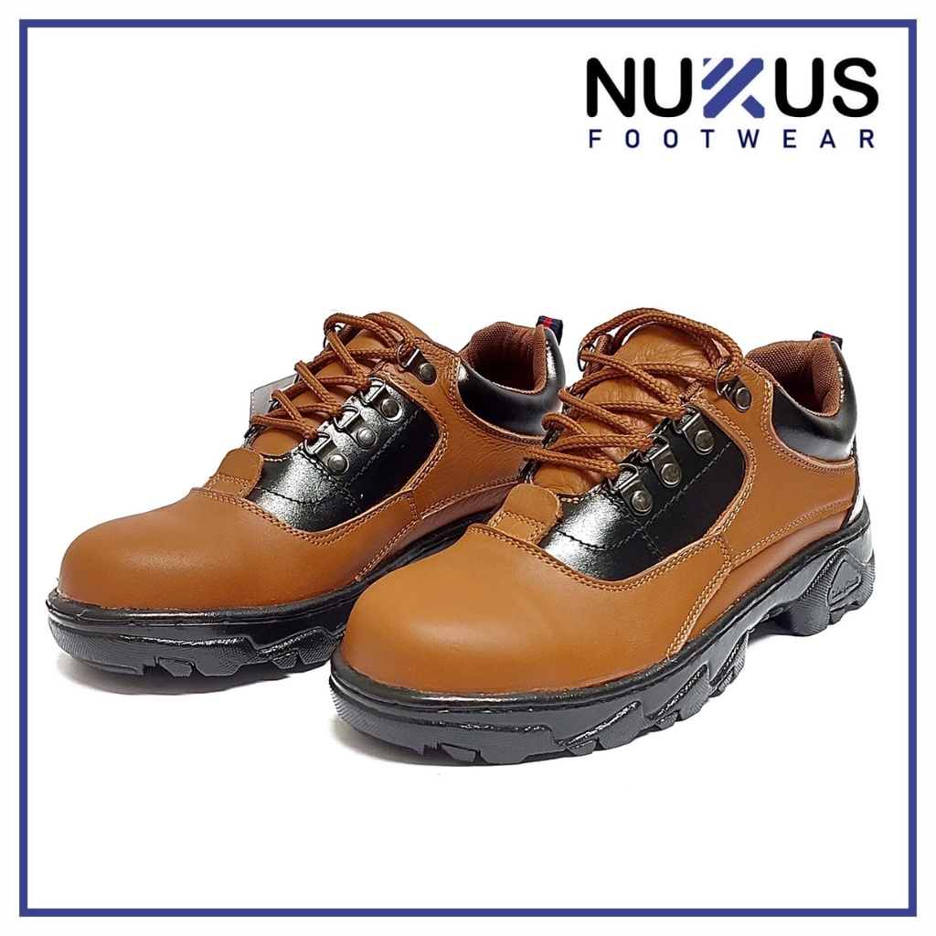 Safety shoes Pria Tali Pendek Kulit Sapi Asli Coklat Tan Hitam -  TH 01