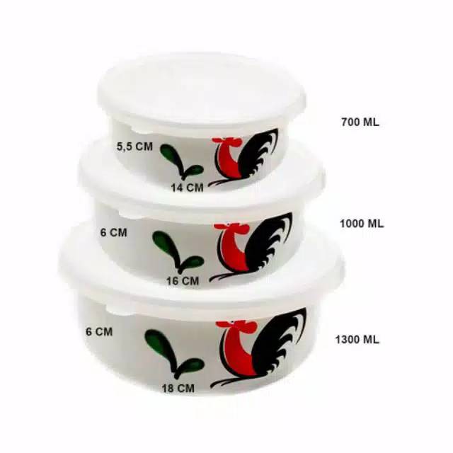 Mangkok 3 set kukuruyuk ayam jago + tutup mixing bowl enamel