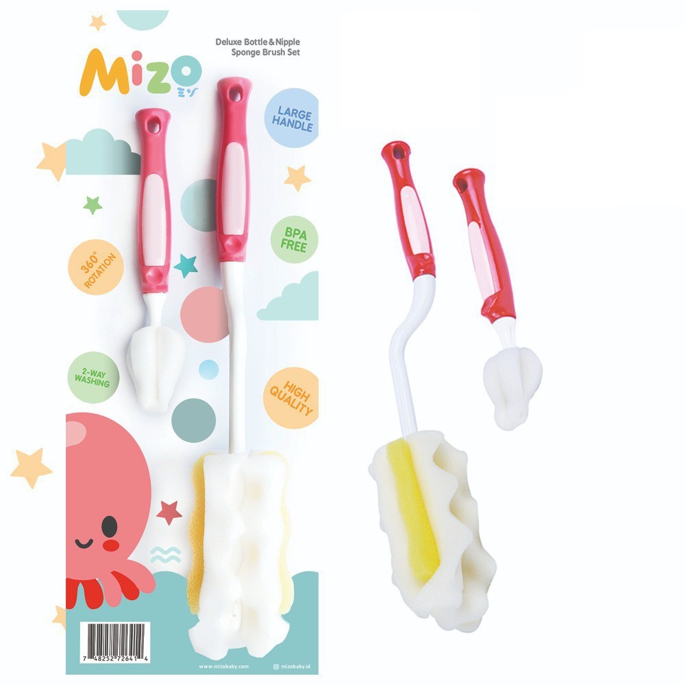 MIZO Deluxe Bottle and Nipple Sponge Brush Set / Sikat botol bayi 2in1