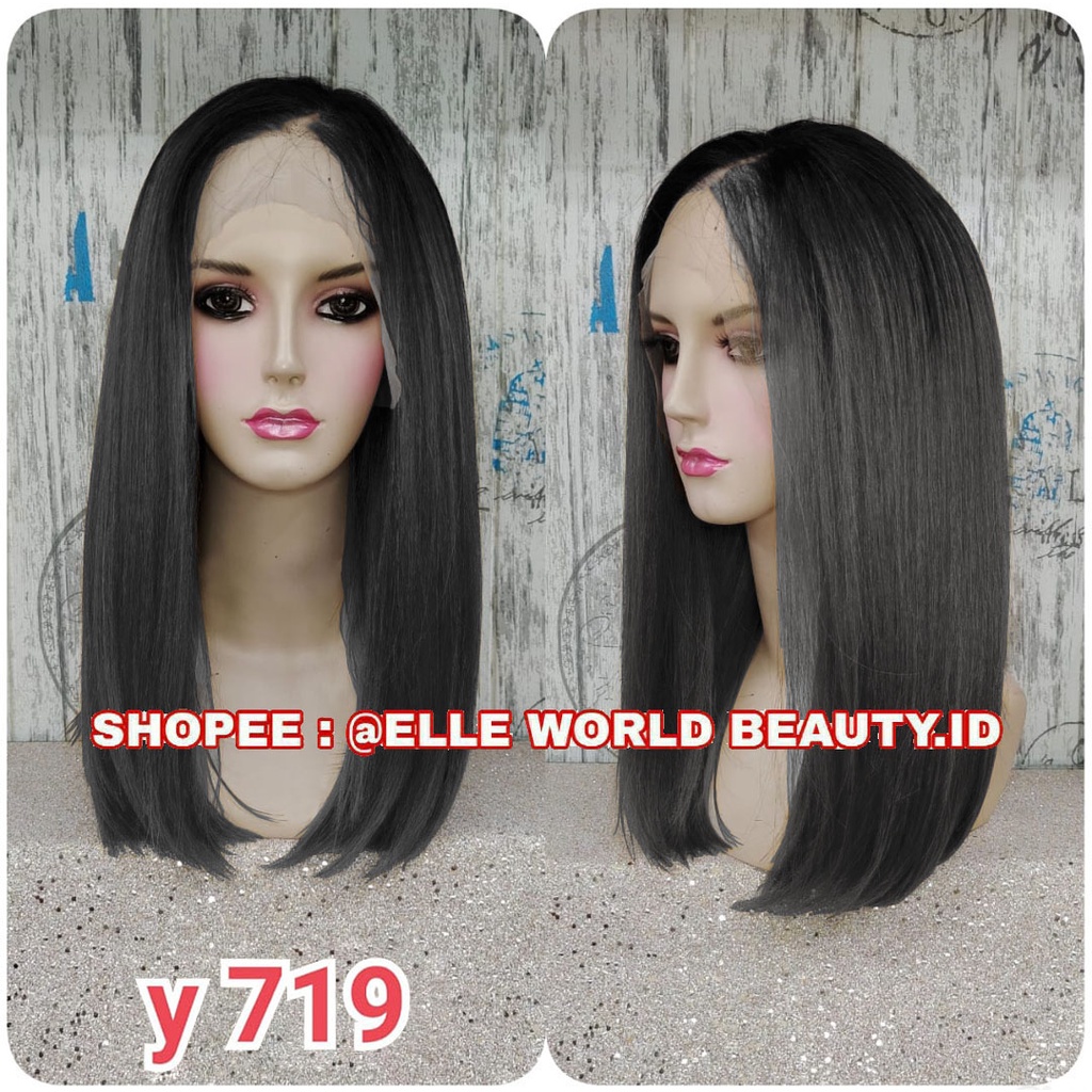 HALF LACE WIG FRONT LACE WIG LACE WANITA PENDEK LURUS BOB HITAM WIG KOREA NATURAL WIG CEWEK Y719