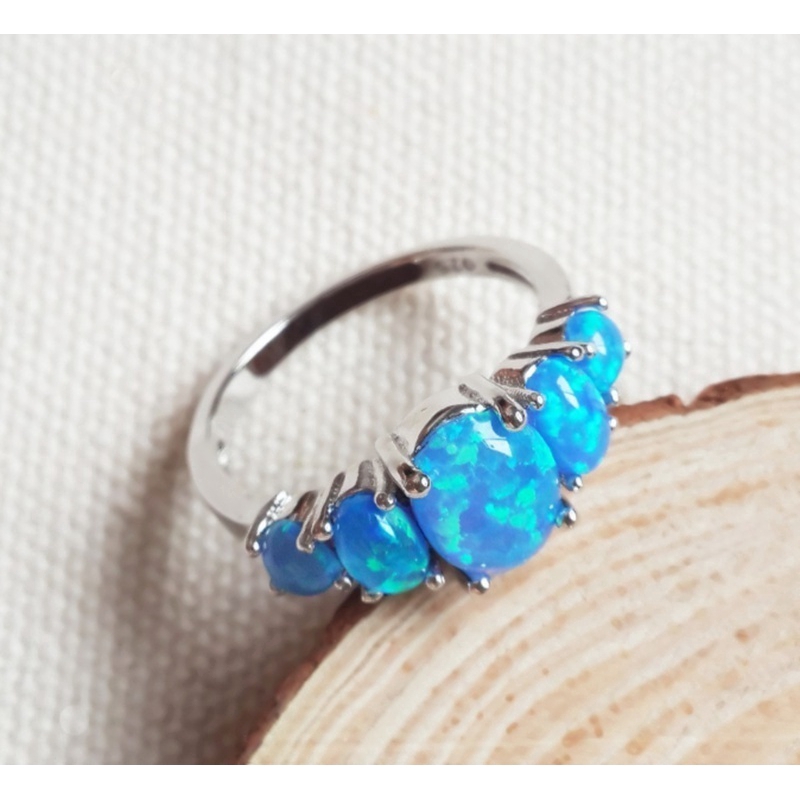 Cincin Sterling Silver   Batu Opal Biru Api untuk Wanita