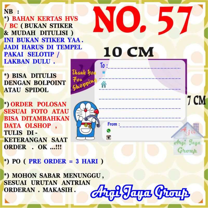 

Label Pengiriman Alamat Olshop Murah Nomer 57 - 10x7cm - Kertas BC (Manila)