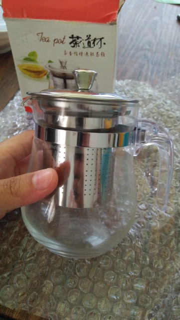 Teapot Kaca 350ml C16 Saringan Teh Stainless Teko Teapot Glass / Gelas Kecil Kaca Tatakan Bambu