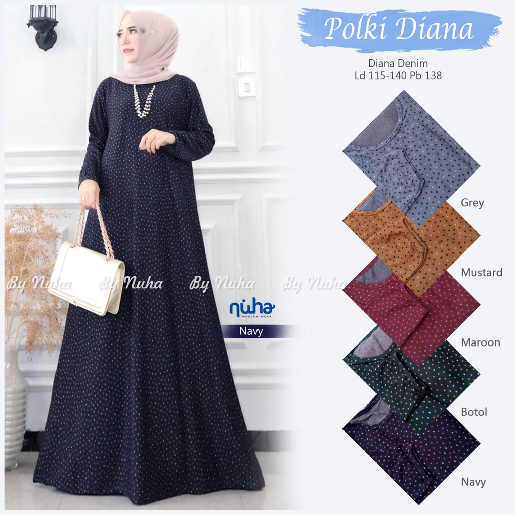 Gamis Harian Jumbo Ld120 Ld 130 140 Motif Polki Diana Big Size XXXXL Diana Denim Tebal Adem Premium