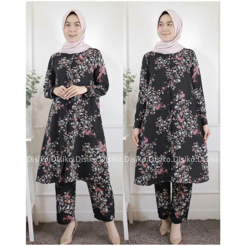 Mentari set by disiko bahan lionel richie black navy setelan celana wanita motif bunga elegant mewah