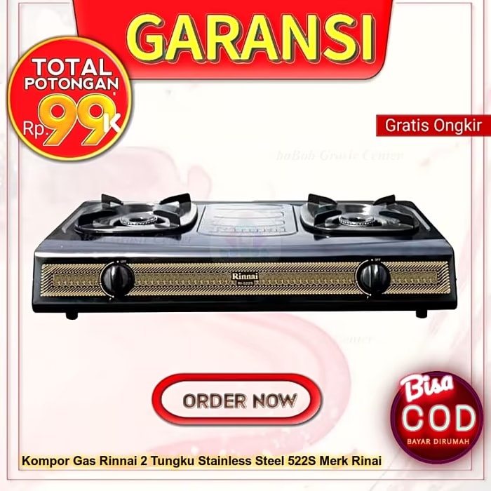 Kompor Gas Rinnai 2 Tungku Stainless Steel 522S Merk Rinai