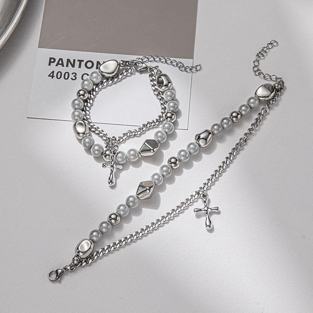 MXBEAUTY Pria Wanita Gelang Baja Titanium Vintage Desain Rasa Liontin Salib Double Layer Perhiasan Pesta