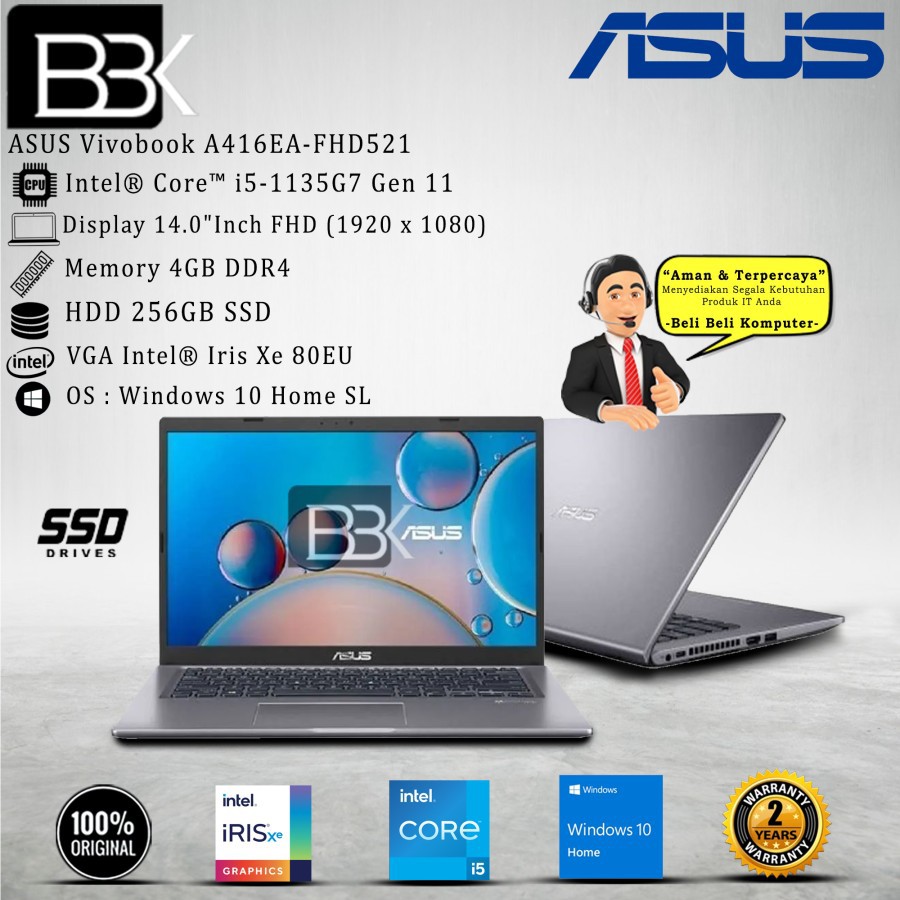 ASUS Vivobook A416EA-FHD521 i5-1135G7 4GB 256GB SSD WIN10HSL OHS19 2Yr