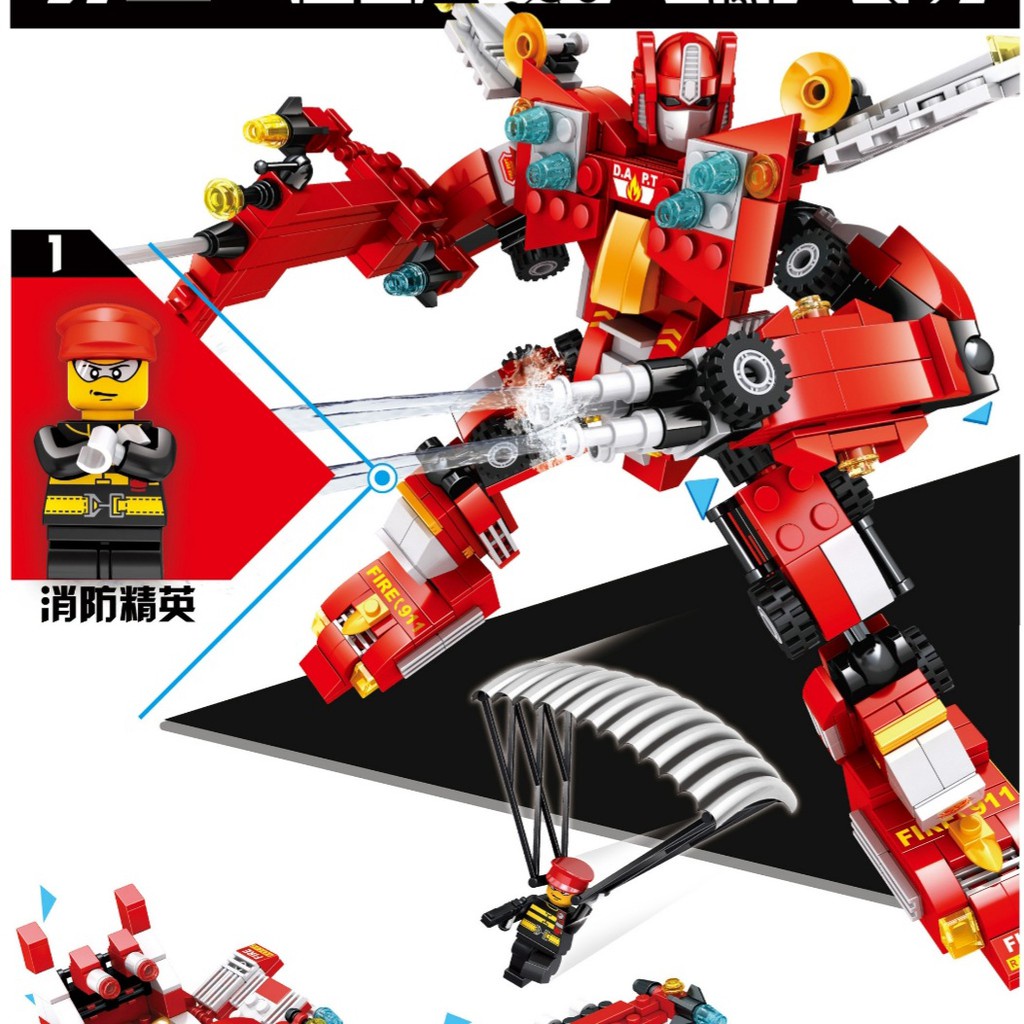 [MS]632pcs Balok Susun Robot Mobil Pemadan Kebakaran / Balok Transformer Fire Fighter