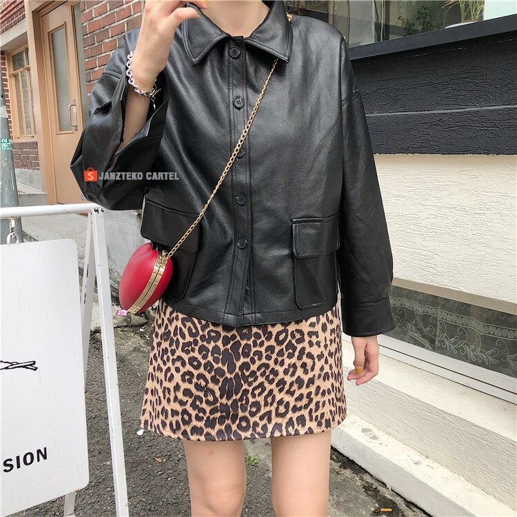 JNK x LADY - Jaket Wanita Casual Faux Synthetic Leather Women Jacket Premium Original Bahan Semi Kulit Sintetis Viena Kasual Classic Branded Elegan Cewek Perempuan Ladies Outfit Hijab New Spring Autumn Fashion Single Breasted Short Pendek Coat Turn Down