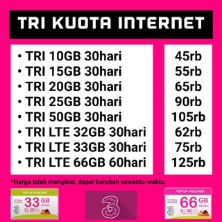 Voucher Kuota Tri 32gb 30 Hari 33gb 30 Hari 66gb 30 Hari Shopee Indonesia