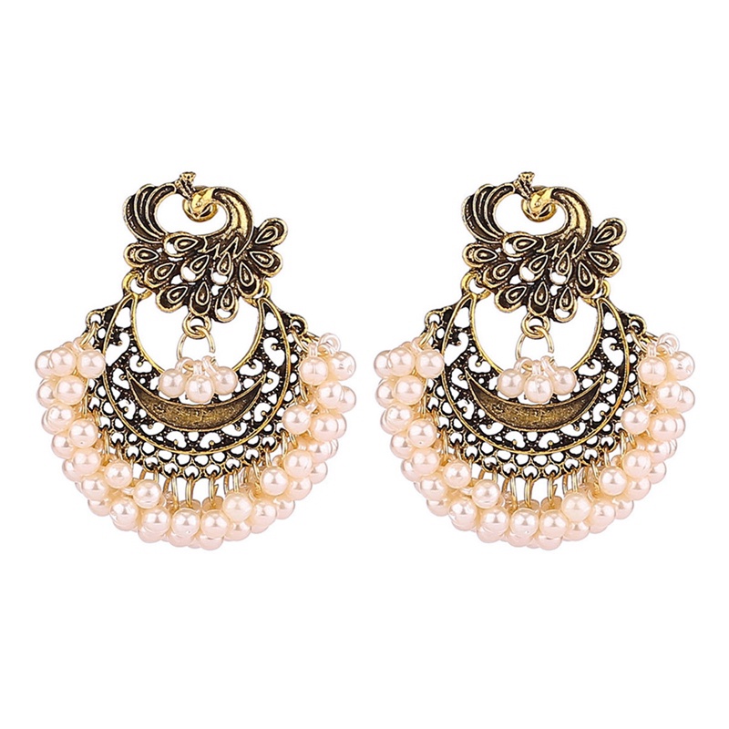 Anting Juntai Rumbai Desain Merak Bahan Alloy Warna Emas Gaya Vintage Untuk Wanita