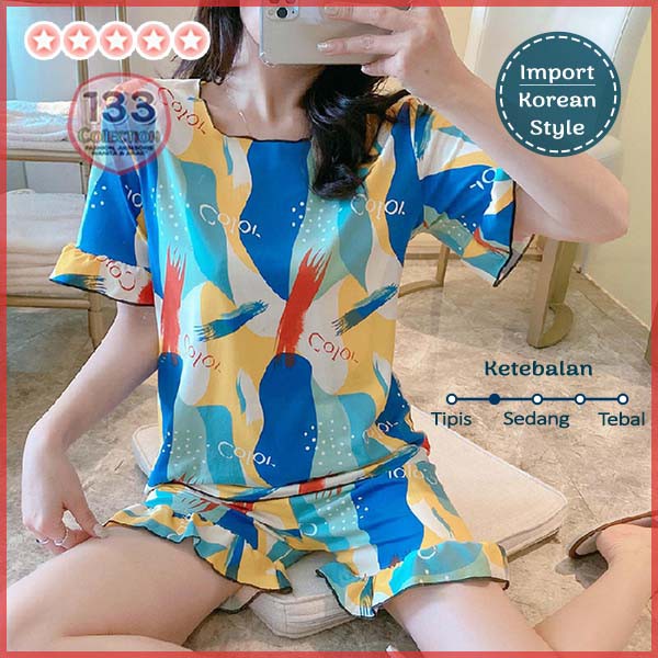 Baju Tidur Neci Keriwil Import Rumbai 居家服 | Setelan Piyama HP Hotpants Gelombang-Colorful