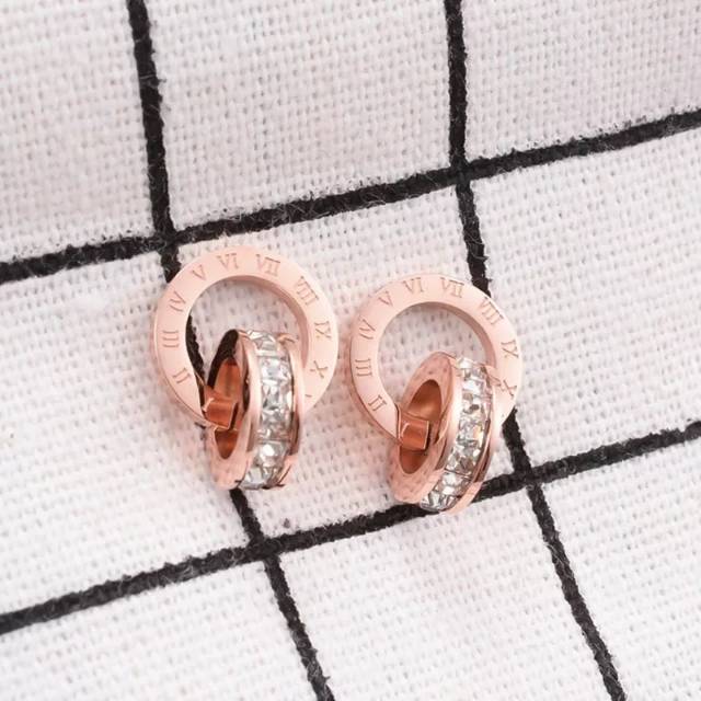 Anting Titanium Anti Karat Wanita Korean Style Bulan Cincin Angka romawi Mata Putih