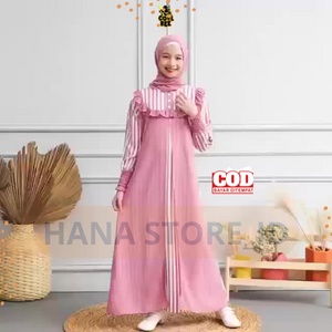 Laura kids Dress + Pashima Motif Salur Gamis Anak Remaja Usia 10 - 12 Tahun Terbaru Lebaran 2022