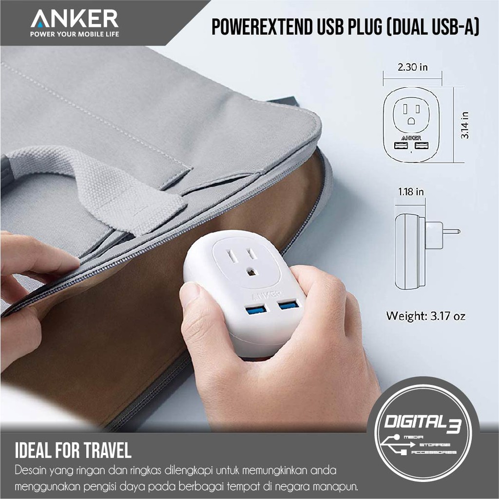 Anker PowerExtend Adapter US Plug Plus Dual USB Charger 12W A9211