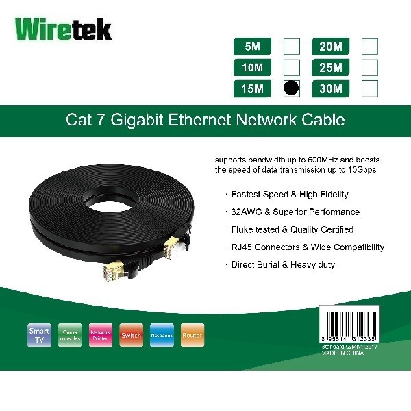 WIRETEK Kabel LAN Cat 7 Gigabit Ethernet Network FLAT Cable 15 meter